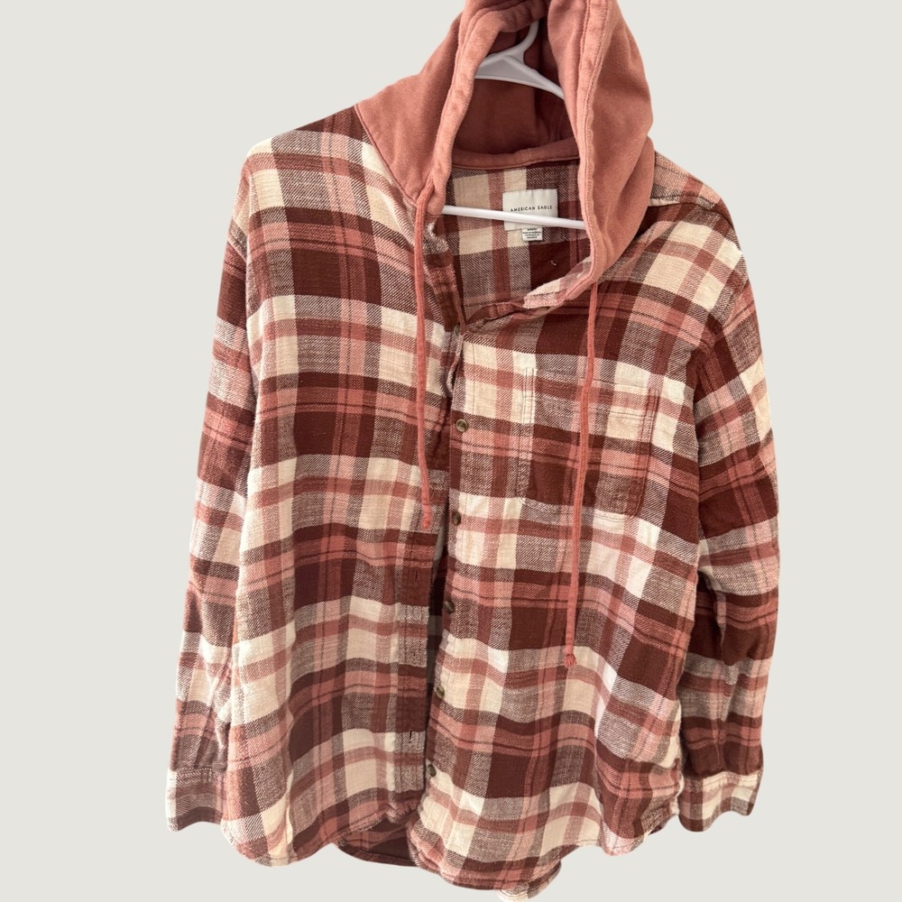 American Eagle Outfitters Womens Mauve Plaid Hooded Flannel Shirt Medium Fall